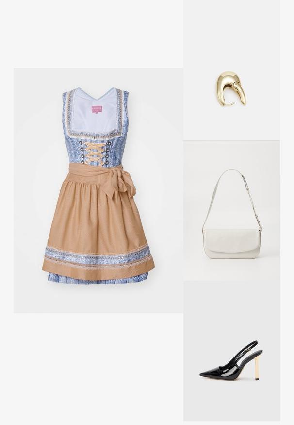 Dirndl tradizionale con un corpetto blu decorato, apertura con lacci sul davanti e una gonna beige svasata con un fiocco in vita e rifiniture decorative.; Scarpa con tacco alto a punta in pelle verniciata nera, con cinturino alla caviglia regolabile e dettaglio del tacco quadrato in tonalità oro.; Borsa a spalla in pelle bianca con finitura liscia, forma rettangolare, chiusura a patta e tracolla regolabile. Dettaglio di cucitura semplice.; Orecchino in metallo color oro con un design elegante e curvo. Presenta una forma appuntita distintiva, superficie lucida e chiusura a cerniera.