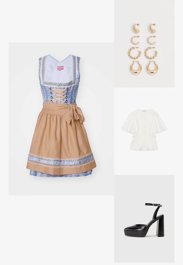 Tradycyjny dirndl z niebieską wzorzystą górą, sznurówką z przodu oraz rozkloszowaną beżową spódnicą z kokardą w talii i ozdobnymi wykończeniami.; Biała krótka bluzka z rękawami i głębokim dekoltem w kształcie litery V, z zapięciem na guziki z przodu oraz marszczonymi detalami na ramionach, zapewniająca dopasowany krój.; Czarne platformy na wysokim obcasie z szpiczastym noskiem i regulowanym paskiem na kostkę. Wykonane z gładkiej skóry, z grubym słupkowym obcasem.; Zestaw pięciu złotych kolczyków, z różnorodnymi wzorami: skręcone, żłobkowane i gładkie powierzchnie w kształcie obręczy i półksiężyców.