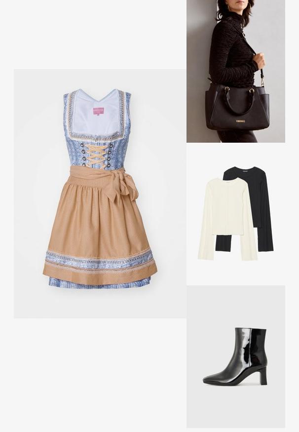 Tradiční dirndl s modrou vzorovanou živůtkem, šněrováním vpředu a rozšířenou béžovou sukní, která má mašli v pase a dekorativní lemování.; Souprava dvou dlouhých rukávů v bílé a černé barvě. Hladká textura, kulatý výstřih, upnutý střih s mírně rozšířenými rukávy.; Černé lakované kotníkové boty s špičatou špičkou a středně vysokým blokovým podpatkem. Hladká textura a minimalistický design.; Černá kabelka s texturovaným povrchem, dvojitými horními uchy a nastavitelným ramenním popruhem. Obsahuje zlaté kovové prvky a boční kapsy.