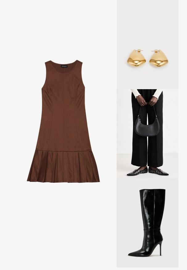 Rjava brezrokavnica s prilagojenim zgornjim delom in razširjenim plisiranim robom, izdelana iz gladkega materiala z vidnimi šivi.; Črne usnjene škornje do kolen s koničastim nosom in visokim stiletto peto. Gladka tekstura in eleganten dizajn, ki vključuje minimalne detajle.; Črna usnjena torba za ramo z zaokroženo obliko, sijajno površino in srebrnimi dodatki. Oseba nosi črne široke hlače in loaferje s konicami.; Zlato obarvani kovinski uhani z gladko, zaobljeno trikotno obliko in zasnovo s pritrditvijo na zadnji strani; odbojna površina z minimalnim detajliranjem.