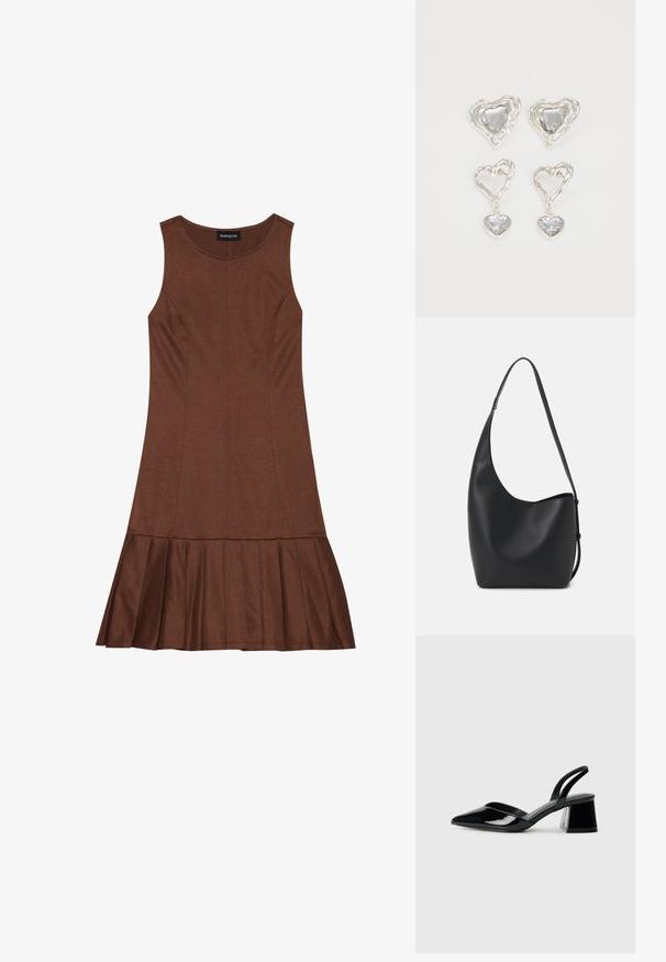 Ruda suknelė be rankovių su prigludusia viršūne ir dalijasi raukiniais, pagaminta iš lygaus audinio su matomais siūlėmis.; Juodos lakuotos odinės šlepetės su smailiu pirštu ir geometriniu bloko kulnu. Turi elegantišką, minimalistinį dizainą ir lygų paviršių.; Juodas odinis hobo maišas su lygiu paviršiumi, kreipta forma ir viena reguliuojama rankena; turi platų atidarymą viršuje.; Sidabrinės širdelės formos auskarai puošti facetuotais skaidriais akmenimis, su tekstūruotu rėmu. Rinkinį sudaro tiek auskarai-stud, tiek kabančios formos.