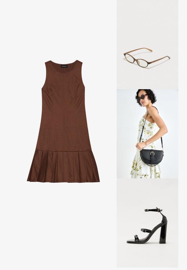 Smeđa haljina bez rukava s prilagođenim gornjim dijelom i lepršavim plisiranim rubom, izrađena od glatkog materijala s vidljivim detaljima šavova.; Crne lakirane sandale na pete sa kvadratnim nosom, trakama oko gležnja i srebrnim kopčama. Imaju čvrst blok petu za stabilnost.; Smeđe skupe naočale s ovalnim lećama, tankim drškama i prozirnim akcentima. Ima suptilan logo na sljepoočnici. Elegantan, lagan dizajn.; Crna kožna torba s lukovitim oblikom, odvojivim remenom i zlatnim detaljima. Torba ima preklop s kopčom.