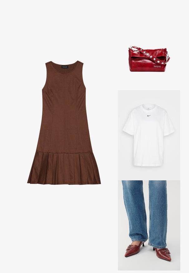 Hnědé šaty bez rukávů s přiléhavým vrškem a rozšířeným skládáním na spodním lemu, vyrobené z hladkého materiálu se znatelnými švy.; Bílý bavlněný tričko s klasickým kulatým výstřihem, krátkými rukávy a černým logem Nike tištěným ve středu hrudi. Jednoduchý a klasický design.; Červené kožené boty s špičatou špičkou a malým podpatkem, s vodorovným šitím a dvěma stříbrnými přezkami, nošené s modrými džíny.; Červená syntetická kožená taška přes rameno s přeloženým víkem, stříbrnými cvoky na popruhu a potiskem loga "Desigual".