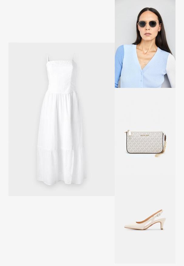 Bijela lanena maksi haljina s podesivim naramenicama, nabranim gornjim dijelom i slojevitom suknjom. Lagana tekstura za udobnost i prozračnost.; Bijela slingback peta s oštrim vrhom, glatkim gornjim materijalom, niskom blok peta te dizajnom s bočnim izrezom i podešivom kopčom.; Ok Runde sunčane naočale s tamnim staklima i zlatnim okvirom. Model nosi svijetloplavi rebrasti kardigan s gumbima i kontrastnim bijelim rukavima.; Michael Kors novčanik na zapešću u bež premazanoj tkanini s ponavljajućim uzorkom MK loga, zlatnim hardverom i odvojivim lancem za nošenje.