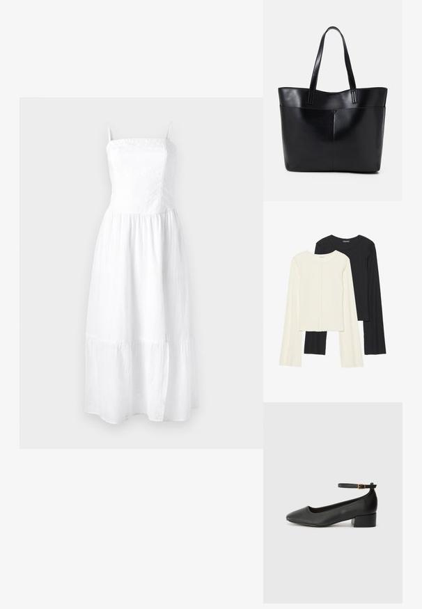 Bela lanena maksi obleka z nastavljivimi naramnicami, gubanjem na vrhu in krožno zloženim krilom. Lahka tekstura za udobje in zračnost.; Nabor dveh dolgih rokavov v beli in črni barvi. Žameten vzorec, okrogla ovratnica, prilegajoča zasnova z rahlo razširjenimi rokavi.; Črne usnjene pumpice z nazobčanimi prsti in nizko blokasto peto. Imajo trak okoli gležnja z zaponko v zlatem tonu. Gladka tekstura.; Črna usnjena torba z dvema dolgima ročajema, gladko teksturo in strukturirano obliko. Ima sprednji žep za dodatno shranjevanje.