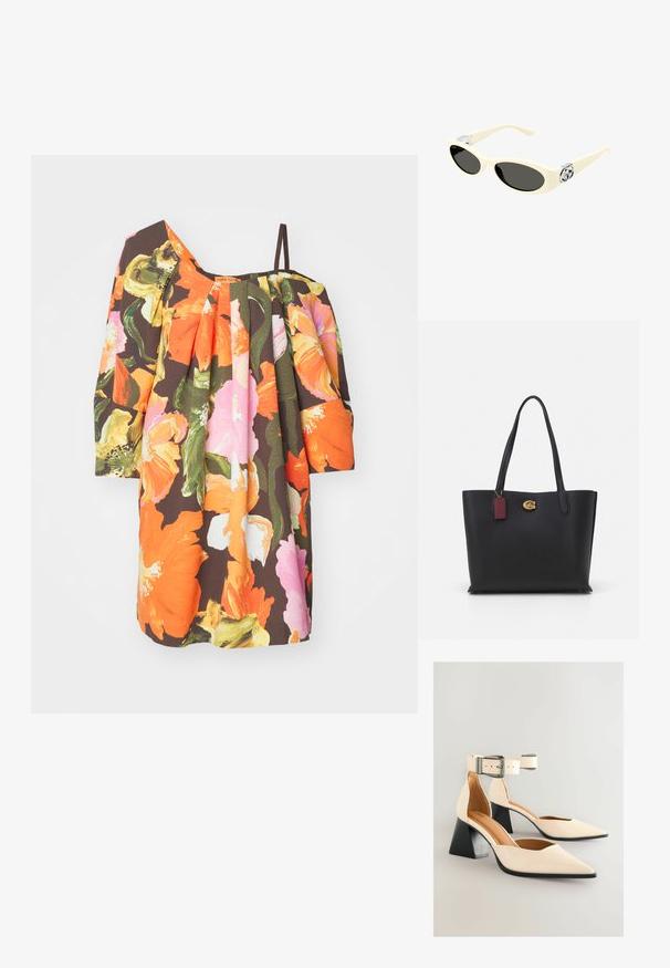 Stine Goya ELODIE STRUCTURE STRETCH - Freizeitkleid - summer night; Cremefarbene, patentierte High Heel-Schuhe mit spitz zulaufender Zehenpartie und verstellbarem Knöchelriemen. Sie verfügen über einen stabilen schwarzen Absatz und eine glatte Textur.; Cremefarbene Sonnenbrille mit ovalen Gläsern, schwarzem Tönung und metallischen Logoakzenten an den Schläfen. Glatte Textur, Cat-Eye-Design.; Schwarze Ledertasche mit zwei langen Tragegriffen, strukturiertem Finish, goldenen Beschlägen und einem burgunderfarbenen Anhänger. Geräumiges Design mit offenem Oberteil.