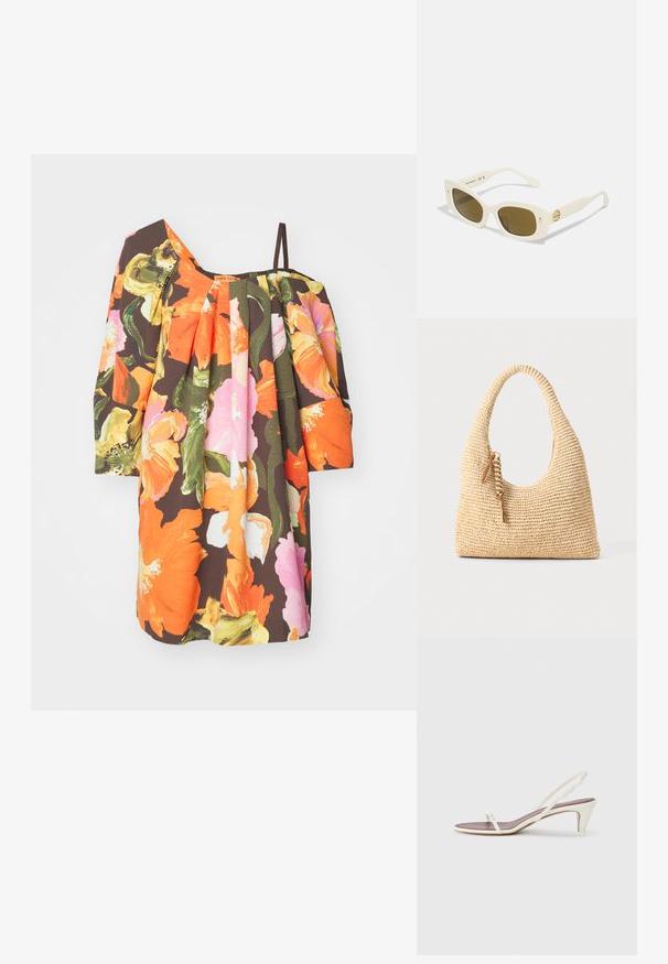 Stine Goya ELODIE STRUCTURE STRETCH - Nappali ruha - summer night; Fehér, pántos szandál enyhe sarokkal, vékony pántokkal és sima bőr textúrával; kis díszítő csattal rendelkezik.; Fehér műanyag napszemüveg téglalap alakú kerettel, barna lencsékkel és arany díszítéssel a szárán. Simább textúra és modern dizájn.; Szőtt bézs kézitáska ívelt fogantyúval, textúrált felülettel és barna bojtos díszítéssel. Lazán lecsüngő, hobo stílusú forma jellemzi.