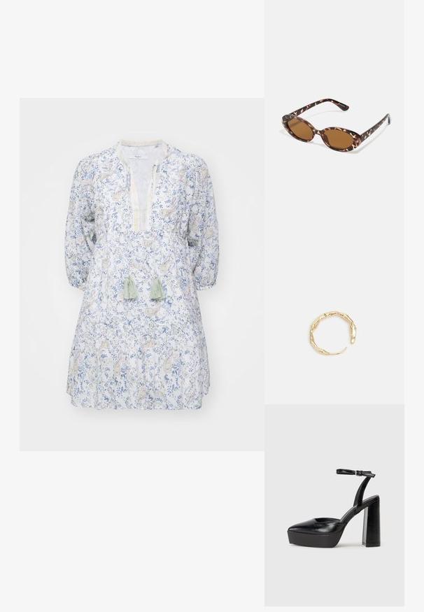 Lagani pamučni haljina s cvjetnim uzorkom u plavim i žutim tonovima, V-izrezom i dugim nabranim rukavima. Sadrži rese u zelenoj boji.; Crne platforme s potpeticom s oštrim vrhom i podešivom naramenicom. Izrađene od glatke kože, s masivnom blok petom.; Naočale od kornjače s ovalnim lećama, smeškanim tonovima, tanke nogice s teksturiranim uzorkom, lagani plastični okvir.; Prsten u zlatnoj nijansi s organskim, uvijenim dizajnom, glatkom teksturom i suženim krajevima, koji stvara moderan, skulpturalni izgled.