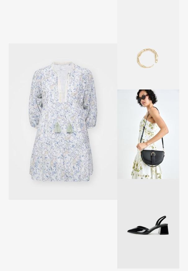 Lengvas medvilnės suknelė su mėlynais ir geltonais gėlių raštais, v-kaklo iškirpte ir ilgomis pūstomis rankovėmis. Savybė - žali kutai.; Juodos lakuotos odinės šlepetės su smailiu pirštu ir geometriniu bloko kulnu. Turi elegantišką, minimalistinį dizainą ir lygų paviršių.; Juodas odinis krepšys su išlenkta forma, nuimamu dirželiu ir auksiniais detalėmis. Krepšys turi kilpą su sagtimi.; Auksinės spalvos žiedas, turintis organišką, sukimosi dizainą su lygiu paviršiumi ir siaurėjančiais galais, sukuriantis modernią skulptūrinę išvaizdą.