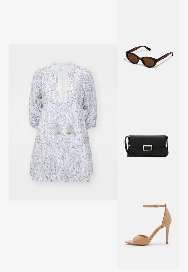 Kerged puuvillane kleit lillelise sinise ja kollase mustriga, V-kaelusega ja pikkade puhvide varrukatega. Omab rohelisi franse.; ALDO CRERIDE PILLOW WALK - Sandaalid - beige; Pruunid kilpkonnamustriga päikeseprillid, mille vintage-kassikujuline kuju ja pruunid läätsed. Omavad kaardus varsi punaste aktsentidega.; Must haben musta nahkklahviga kott, millel on klapp ja kuldne metallist pandla detail. Kaasas must rihm ja stiilne, minimalistlik disain.; Kuldne rõngassõrmused sileda ja läikiva viimistlusega. Ringikujuline disain, millel on väike post ja selge tagumine külg, et tagada kindel kandmine.