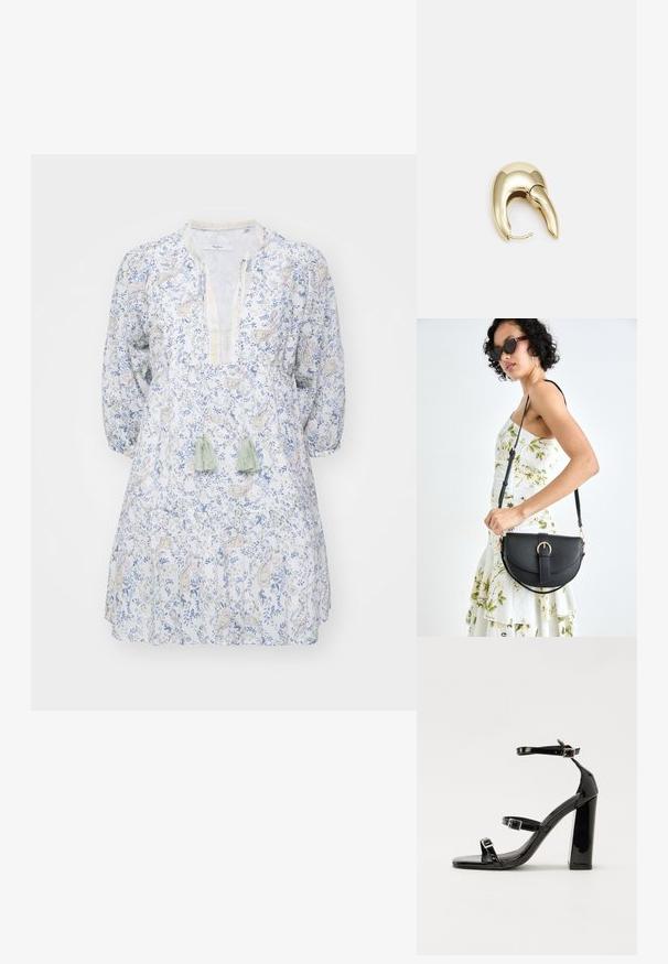 Könnyű pamutruha kék és sárga virágmintával, v-nyakkivágással és hosszú puffos ujjal. Zöld bojtok díszítik.; Fekete lakk magas sarkú szandál négyzet alakú orral, bokapántokkal és ezüst csatokat tartalmaz. Masszív blokk sarka a stabilitásért felel.; Fekete bőrtáska ívelt formával, levehető pánttal és arany színű fémrészekkel. A táskán egy csattal díszített fedél található.; Aranyszínű fém fülbevaló, elegáns, ívelt formával. Különleges hegyes alak, fényes felszín és zsanéros záródás jellemzi.