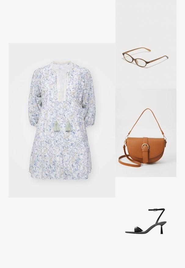 Lehký bavlněný šaty s květinovým modro-žlutým vzorem, s výstřihem do V a dlouhými nabíranými rukávy. Obsahují třásně v zelené barvě.; Bershka Sandály na vysokém podpatku - black; Hnědé želvovinové brýle s oválnými skly, tenkými bočními nohami a průhlednými akcenty. Obsahují decentní logo na stranu. Elegantní, lehký design.; Hnědá kožená křížová taška s zakřiveným tvarem, zlatými detaily a akcentem s přezkou. Obsahuje odnímatelný popruh na rameno.