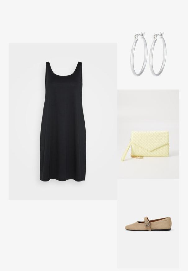 Melnas bezpiedurkņu kleitas ar noapaļotu izgriezumu, izgatavota no gludas, vieglas auduma ar brīvu, A-līnijas siluetu.; Bežā zelta zamšādas Mary Jane kurpes ar asu purngalu un vienu regulējamu siksniņu ar sudraba sprādzi. Melna plakana zole.; Dzeltena austs kabata ar atloku dizainu, noņemamu plaukstas siksnu un zeltītu ķēdes akcentu. Gluda tekstūra un taisnstūra forma.; Sudraba riņķveida auss gredzeni ar gludu, pulētu apdari. Apaļa forma un drošs klikšķa augšējais slēgums. Viegls dizains, kas piemērots ikdienas valkāšanai.