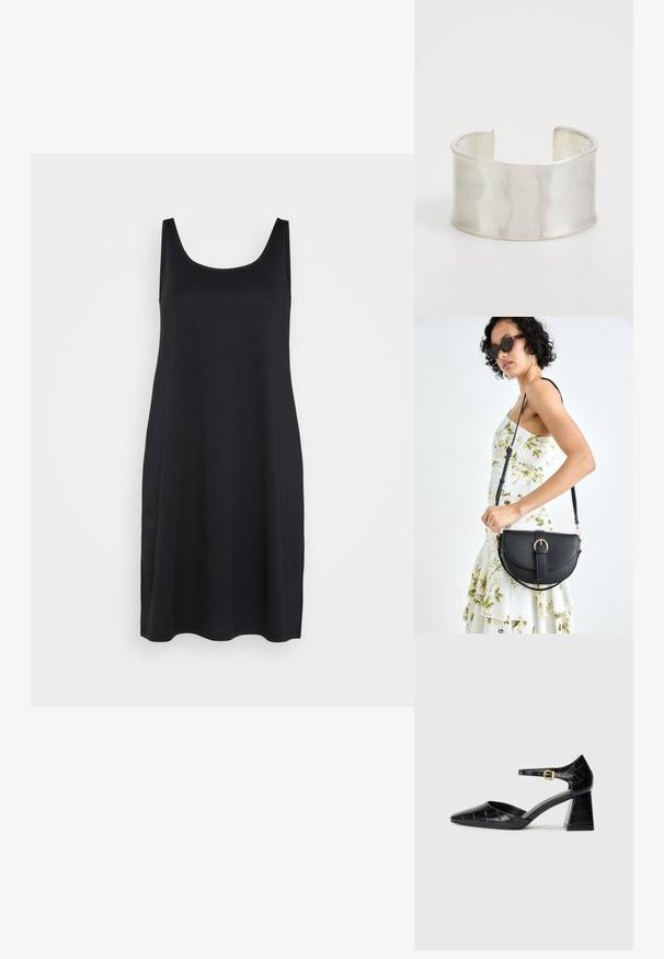 Vestido preto sem mangas com decote redondo, feito de um tecido liso e leve, com uma silhueta relaxada em linha A.; Sapato de salto alto em couro envernizado preto com bico apontado, tira no tornozelo e padrão texturizado de crocodilo. Design de salto quadrado.; Bolsa de couro preta com forma curva, alça destacável e detalhes em dourado. A bolsa possui uma aba com detalhe de fivela.; Zign Pulseira - silver-coloured