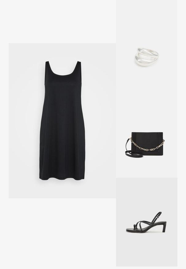 Melnas bezpiedurkņu kleitas ar noapaļotu izgriezumu, izgatavota no gludas, vieglas auduma ar brīvu, A-līnijas siluetu.; Melnas strappy sandales ar kvadrātveida purngaliem un zemu bloku papēdi. Ievērojamas ar vairākiem plāniem siksniņām un regulējamu potītes siksniņu. Izgatavotas no gludas ādas.; Melna ādas crossbody soma ar gludu faktūru, taisnstūrveida formu un metalizētu ķēdes detaļu priekšā. Iekļauta regulējama siksna.; Sudraba divu joslu gredzens ar gludu, pulētu virsmu. Iezīmējas ar plūstošu, izliekta dizaina struktūru ar pārklājošām sekcijām modernam izskatam.