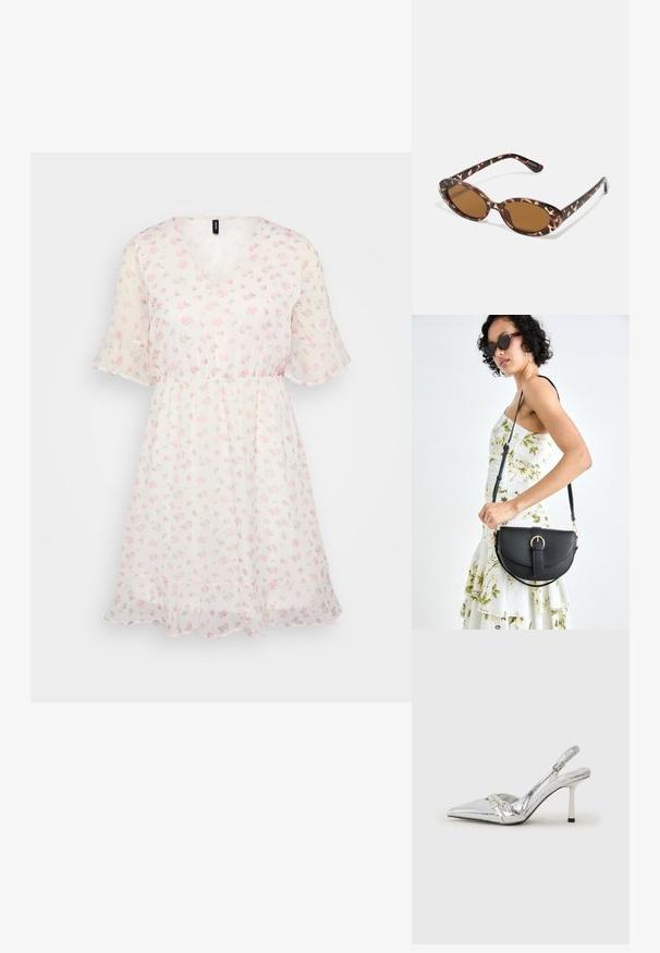 Blommig klänning gjord av lätt och transparant tyg; har en V-ringning, korta volangärmar, elastisk midja och en flödande kjol med volangkant.; Silver slingback högklackad sko med spetsig tå, metallisk finish, två dekorativa remmar och en smal klack med svart spets.; Sköldpaddsmönstrade solglasögon med ovala linser, bruntonade, tunna bågar med texturerat mönster, lätt plastbåge.; Svart läderhandväska med en böjd form, avtagbar rem och guldiga detaljer. Väskan har ett lock med en spänndetalj.