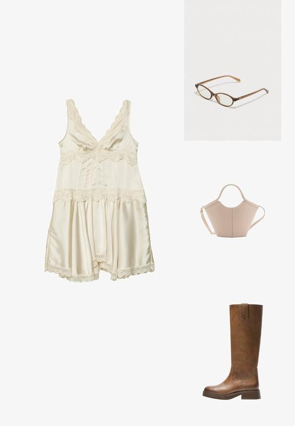 Cremfarbene Satin-Nachtwäsche mit Spitzenbesatz, V-Ausschnitt, verstellbaren Trägern, gerafftem Oberteil und schwingendem Rock mit gewelltem Saum.; Braunes Leder-Knöchelhochstiefel mit abgerundetem Zeh, strukturiertem Obermaterial und niedrigem, gestapeltem Absatz. Verfügt über ein seitliches Einsätzen und eine Ziehschlaufe an der Oberseite.; Braune Schildpatt-Brille mit ovalen Gläsern, dünnen Bügeln und transparenten Akzenten. Verfügt über ein dezentes Logo am Bügel. Elegantes, leichtes Design.; Beige Lederhandtasche mit einer einzigartigen Form, die zwei kurze Henkel und einen langen verstellbaren Riemen aufweist. Glatte Textur mit minimalen Hardware-Elementen.