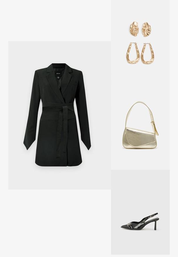 Μαύρο φόρεμα σακάκι με μακριά μανίκια, εφαρμοστή μέση και ζώνη δετή. Διαθέτει γιακά με εγκοπή και λείο, δομημένο ύφασμα.; Μαύρο παπούτσι slingback από πατέντο δέρμα με μυτερή μύτη, λουράκια στον αστράγαλο που διαθέτουν ασημένιες αγκράφες και μεταλλικά στοιχεία, και λεπτό τακούνι.; Χρυσή μεταλλική τσάντα χειρός με δομημένο σχέδιο, λεία υφή και ρυθμιζόμενο λουρί. Διαθέτει μοναδικό τριγωνικό σχήμα και μινιμαλιστική ραφή.; Χρυσά σκουλαρίκια με υφή, κυματιστά σχήματα. Περιλαμβάνουν γλυπτικά κλιπ-σε σκουλαρίκια και σχέδιο ανοιχτού σκουλαρικιού με σφυρήλατη επιφάνεια.