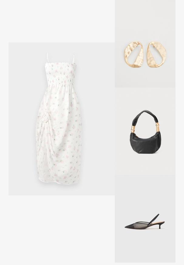 Abito bianco con corpetto arricciato, spalline sottili e stampa floreale in rosa. Presenta tessuto arricciato con un dettaglio a nodo laterale e uno spacco.; NEOUS IRENA - Decolleté - black; Borsa a tracolla in pelle nera con una forma rotonda, texture morbida e manico annodato con dettagli in metallo dorato. Chiusura con zip.; Un paio di orecchini in metallo di tonalità dorata, di forma ovale irregolare, con superficie texturizzata e leggermente martellata, su uno sfondo bianco.