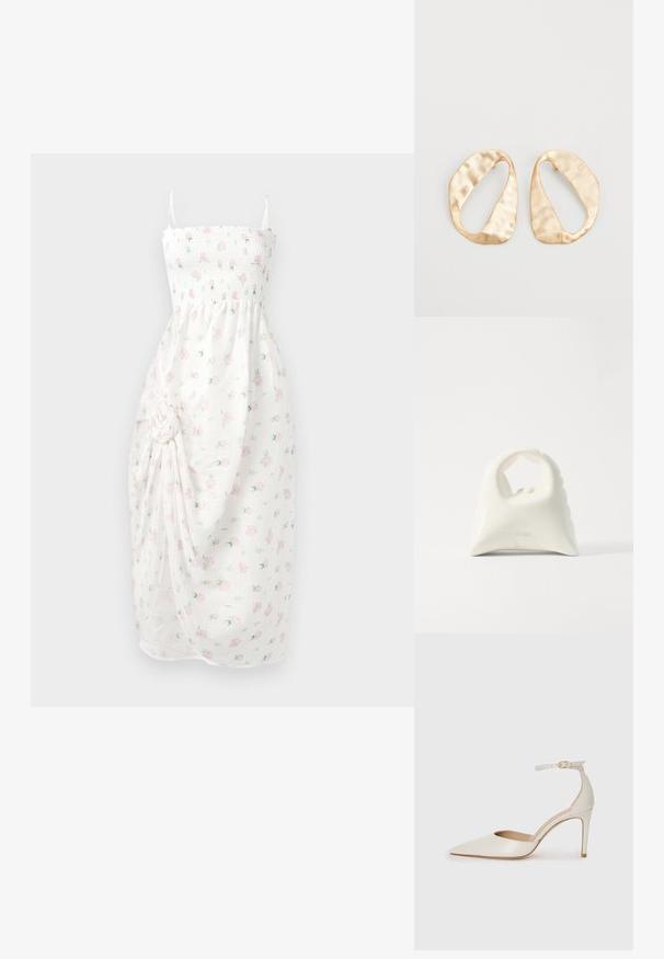 Biele šaty so smockovaným korzetom, tenkými ramienkami a kvetinovou potlačou v ružovej farbe. Obsahujú nariasenú tkaninu s bočným uzlom a rozparkom.; Biele kožené topánky na vysokom podpätku s špicatou špičkou, remienkom okolo členka a štíhlym stiletto podpätkom. Hladký povrch s jemným lesklým povrchom.; Biela kabelka s textúrovaným, zakriveným dizajnom. Disponuje výraznou rukoväťou a zaobleným dnom, s hladkým povrchom a minimálnym kovovým príslušenstvom.; Pár nepravidelných oválnych zlatistých kovových náušníc s textúrovaným, mierne rozbitým povrchom na bielom pozadí.