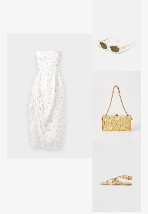 Rochie albă cu bustul plisat, bretele subțiri și imprimeu floral în nuanțe de roz. Prezintă material strâns și detaliu cu nod lateral, precum și fanta.; Stuart Weitzman THEA - Sandale - golden; Ochelari de soare din plastic alb, cu ramă rectangulară, lentile maro și un accent auriu pe tâmplă. Textură netedă și design modern.; Geanta dintr-un material auriu cu o textură șifonată, având o formă rectangulară, dotată cu un sistem de prindere cu lanț și un zăvor în partea de sus. Finisaj neted și strălucitor.