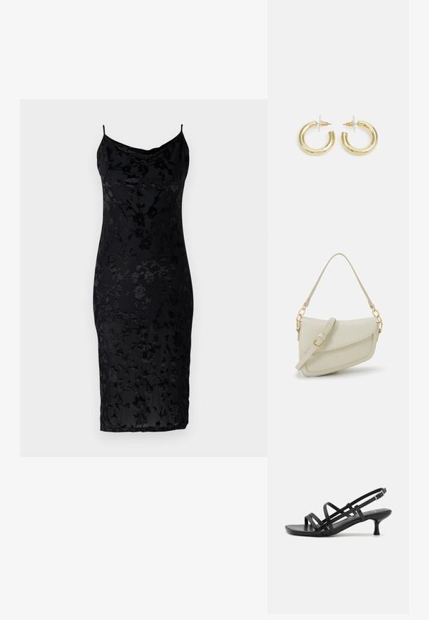 Čierne priliehavé šaty s kvetinovým vzorom, s tenkými ramienkami a klopovým výstrihom. Vyrobené z hladkej tkaniny s textúrovaným povrchom.; Čierne sandále na podpätku s viacerými prekríženými remienkami. Hladký materiál, špicatá špička a úzky podpätok. Nastaviteľný remienok okolo členka s prackou.; Malá krémová kabelka s textúrovaným povrchom, dlhým nastaviteľným popruhom, reťazovým detailom a klopovým uzáverom. Zlaté kovové prvky.; Zlaté kruhové náušnice s hladkým, lesklým povrchom. Cirkulárny dizajn s malým steblom a jasným záznamom pre bezpečné nosenie.