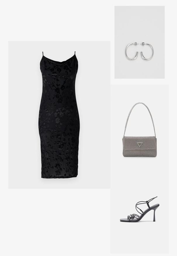 Fekete, testszabású ruha virágmintával, vékony pántokkal és csepp nyakkivágással. Simaságot sugárzó anyagból készült, textúrázott felülettel.; Fekete magas sarkú szandálok vékony pántokkal, csomózott mintával, sima négyzetes orral és karcsú stiletto sarkal rendelkeznek.; Világosszürke fémes kézitáska lánc pánttal, kis kör alakú fém kifinomult díszítéssel és háromszög alakú márkagéppel.; Ezüst karika fülbevalók sima, fényes felülettel. Lekerekített forma, könnyű kialakítással, tűs zárómechanizmussal.