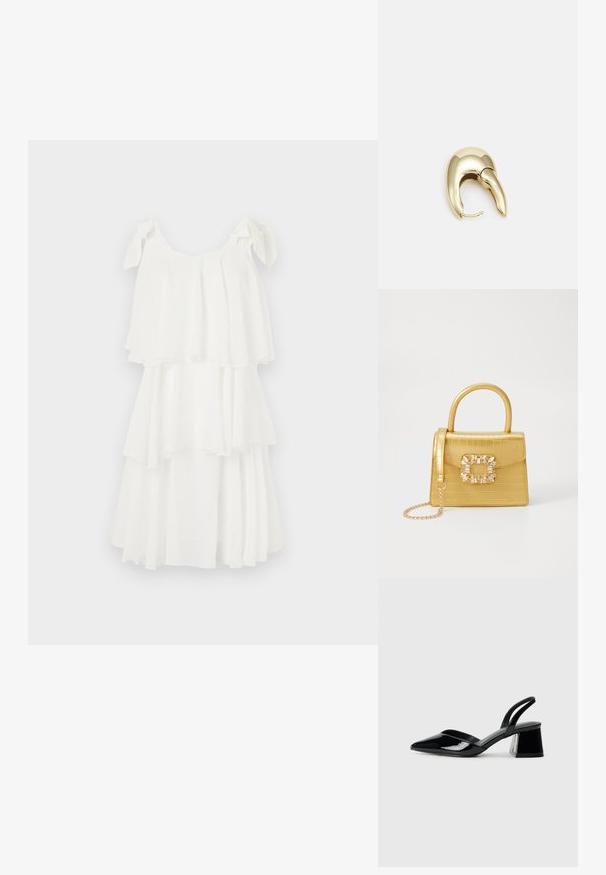 Biela trojvrstvová sukňa vyrobená z ľahkej látky, s voľným strihom, nastaviteľnými ramienkami a splývavými vrstvami, ktoré pridávajú objem.; Čierne lakované kožené sandálové podpätky s špicatou špičkou a geometrickým blokovým podpätkom. Disponujú elegantným, minimalistickým dizajnom a hladkým povrchom.; Žltá falošná krokodília kabelka so štruktúrovaným dizajnom, horným držadlom, odnímateľným reťazovým popruhom a dekoratívnym kryštálovým ozdobením na zapínaní.; Náušnice z kovu v zlatej farbe s elegantným, zakriveným dizajnom. Majú charakteristický špicatý tvar, leštený povrch a uzáver na pánt.
