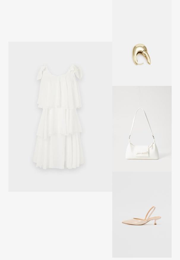 Rochie albă cu volane, confecționată dintr-un material ușor, cu o croială lejeră, curele ajustabile la umeri și straturi fluide care adaugă volum.; Pantofi cu toc slingback din piele patent bej, cu vârf ascuțit și toc subțire, pătrat. Textură netedă și design minimalist, fără detalii decorative.; Geantă sintetică albă, cu formă triangulară, capac frontal plat și detaliu cu fundă, curea ajustabilă, textură netedă și design minimalist.; Cercei din metal de culoare aurie cu un design elegant și curbat. Prezintă o formă distinctivă, ascuțită, o suprafață lustruită și un sistem de închidere cu balama.