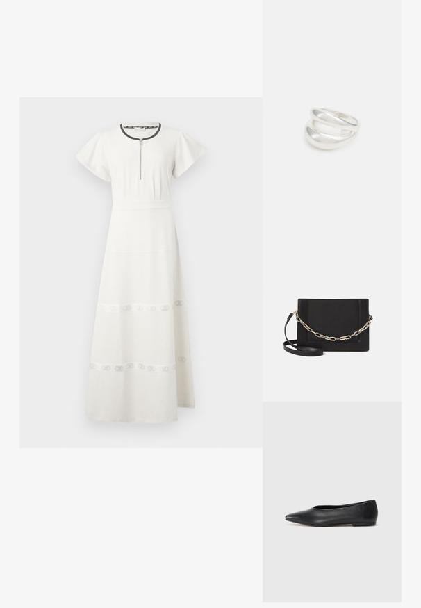 Valge puuvillane maksikleit lühikeste heledate varrukatega, luku ees, talje rõhutamine ja diskreetne pehmendusdetail hemikute lähedal.; Musthave mustris balletkingad, terav nina, minimaliseeritud disain, sile pind, madal konts, ilma nähtava riistvara või kaunistusteta.; Mustast nahast õlakott, mis omab siledat tekstuuri, ristküliku kuju ning esiküljel metallketi detaili. Reguleeritav rihm on kaasas.; Hõbedane kahekordne rõngas sujuva, poleeritud pinnaga. Omab voolavat, kõverat disaini, millel on kattuvad sektsioonid, et saavutada kaasaegne ilme.