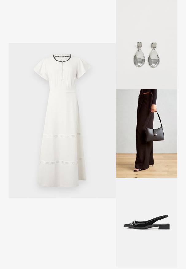 Valkoinen puuvillainen maximekko, jossa on lyhyet liehuvat hihat, vetoketjusuljenta edessä, vyötäröä korostava yksityiskohta ja hienovarainen nauhahelma.; Musta kiiltävä nahkainen slingback-kenkä, jossa on kärkikärki, matala paksu korko ja edessä hopeanvärinen metallikoriste.; Musta käsilaukku, jossa on rakenteellinen muoto, sileä pinta ja metallinen solki. Yhdistetty leveisiin mustiin housuihin ja avonaiheisiin sandaaleihin puulattialla.; Hopeakoru drop -korvakorut, joissa on neliömuotoinen nappi, sileällä, kiillotetulla pinnalla ja pisaran muotoisella designilla, heijastavat valoa kiiltävän pinnan kautta.