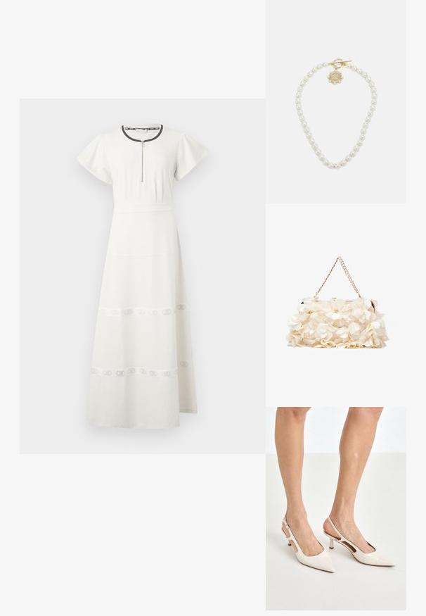 Valge puuvillane maksikleit lühikeste heledate varrukatega, luku ees, talje rõhutamine ja diskreetne pehmendusdetail hemikute lähedal.; Beesek patentnaha slingback kontsad 5 cm kontsaga, millel on terav nina ja lõigatud külgedega ning õhuke pahkluu rihm.; Valge lilleline käekott, millel on volditud kangapind, kuldne ahelakott ja metallist klamber. Omab tekstureeritud kroonlehti, mis lisab detailidele sügavust.; Lauren Ralph Lauren COLLAR - Kaelakee - gold-coloured/white
