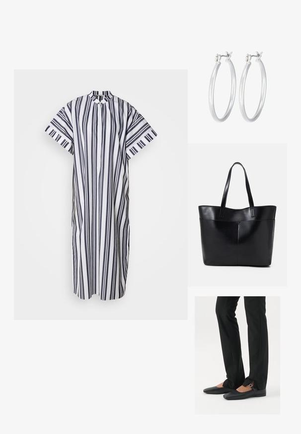 Pruhované šaty s striedajúcimi sa námorníckymi modrými a bielymi vertikálnymi pruhmi. Krátke rukávy, stojatý golier a zapínanie na gombíky.; Čierne kožené baletky s špicatou špičkou, remienkom so striebornou prackou, skombinované s čiernymi strihovými nohavicami so rozparkom na leme.; Čierna kožená tote taška s dvoma dlhými rúčkami, hladkým povrchom a štruktúrovaným tvarom. Obsahuje prednú kapsu pre dodatočné uskladnenie.; Strieborné kruhové náušnice s hladkým, lesklým povrchom. Kolový tvar a bezpečné klikanie na uzatváranie. Ľahký dizajn vhodný na každodenné nosenie.