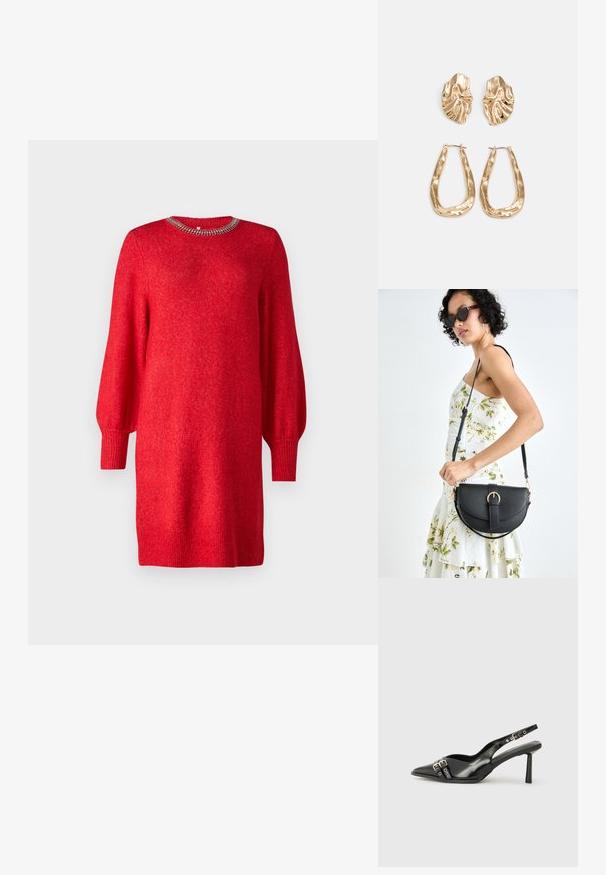 Rød strikket kjole med lange ballongsleeves og ribbestrikket kant, med dekorativ perlekrage. Myk tekstur og avslappet passform.; Sorte patentlær slingback-sko med spiss tå, ankelremmer med sølvspenner og detaljer, og en slank hæl.; Svart lærveske med en buet form, avtagbar stropp og gullbeslag. Vesken har et klaff med spenne-detall.; Gullfargede øredobber med teksturerte, bølgete former. Inkluderer skulpturelle klipsstuds og åpen hoop-design med en hamret finish.