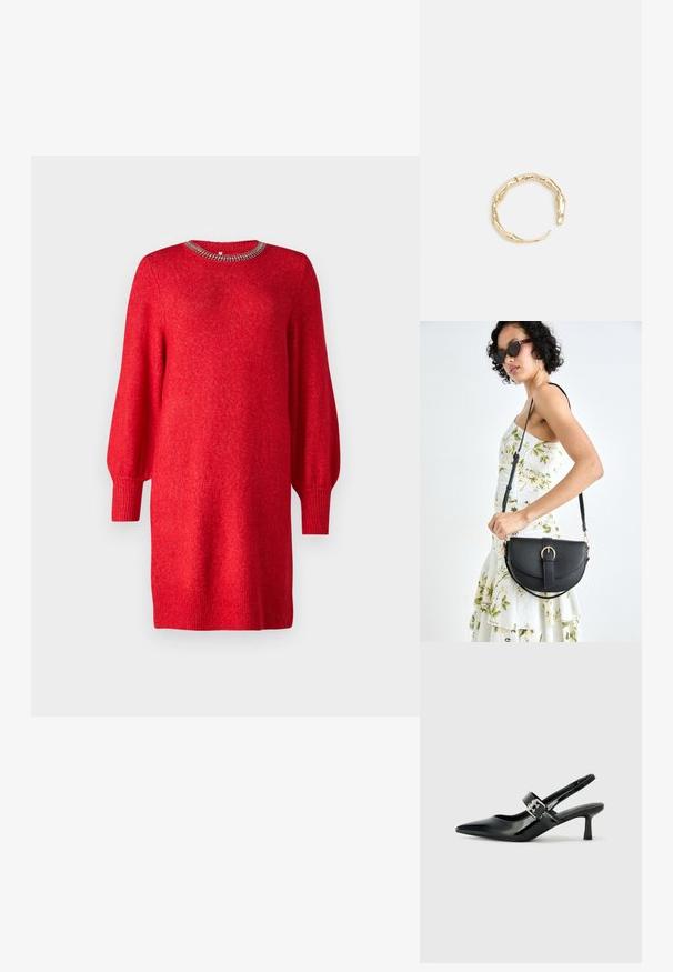 Rdeča pletena obleka z dolgimi balonskimi rokavi in ribastim robom, ki ima dekorativni ovratnik s perlicami. Mehka tekstura in sproščen kroj.; Črne patent usnjene slingback pete s koničastim nosom in majhnim blok peto, ki vključujejo srebrno zaponko na traku.; Črna usnjena torbica s ukrivljeno obliko, z odstranljivo naramnico in zlatimi dodatki. Torbica ima pokrov s podrobnostmi v obliki zaponke.; Zlati prstan s organskim, zvitim dizajnom, gladko površino in taperiranimi konci, ki ustvarja modernega, skulpturalnega videza.