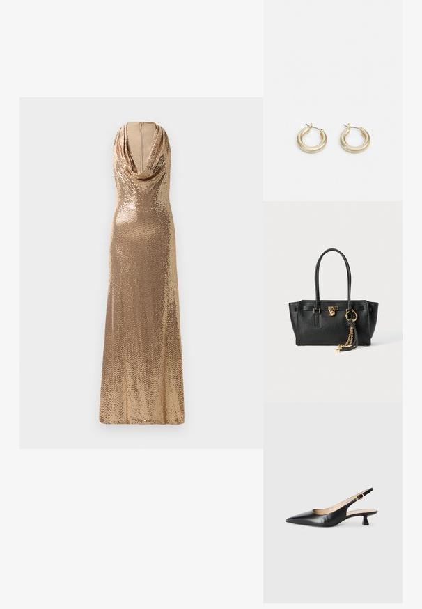 Kuldne sädelev õhtukleit, millel on drapeeritud kaelus ja sobiv siluett. Põrandani ulatuv disain, millel on sädeleva tekstuur ja külgsisselükk.; Must musta slingback kitten heel king must ja kuldne pandla külgrihmaga, valge tausta peal.; Must musta kott, millel on kahekordsed käepidemed, kuldne lukustus ja kett, ning must-valge tutikate aksessuaar valge tausta ees.; Lauren Ralph Lauren BASIC SMALL HOOP - Kõrvarõngad - gold-coloured