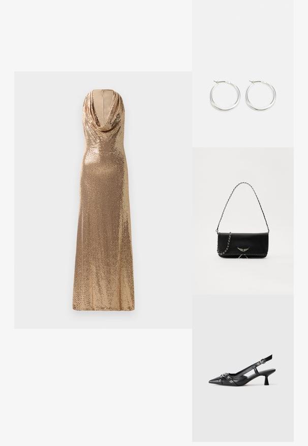 Zlata sekvinska večerna obleka z drapiranim ovratnikom in prilegajočo silhueto. Obleka je dolga do tal, ima sijajno teksturo in stranski razporek.; Črne usnjene sandale središnje zaponke z ostro konico, okrasnimi trakovi z kovinskimi očesi in nizko blokasto peto. Teksturirana površina.; Črna usnjena torbica s srebrnim verižnim ročajem, ki ima okrasne krilate poudarke in belo šivanje ob spodnjem šivu.; Srebrni obroči za ušesa imajo gladko, zaobljeno obliko z tankim profilom in varnim zapiranjem. Minimalističen stil z sijočo površino.