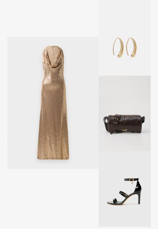 Kultainen paljettimekko iltaripustuksella ja tiukalla siluetilla. Lattiapituinen malli, jossa on kimalteleva pinta ja sivurao.; Musta patentoitu nahkasandaali, jossa on kolme hihnaa, nilkkasolki ja 4 tuuman stiletto-korko. Varustettu kultaisilla yksityiskohdilla ja logokoristeella.; Ruskea krokotiilinkuosilla varustettu nahkalaukku, jossa on sylinterimäinen muoto, kultasävyiset yksityiskohdat ja irrotettava hihna, jossa on niittejä.; Korvakorut kultasävytteistä metallista, joissa on kaareva, pitkänomainen muoto. Ominaisuuksiin kuuluu sileä, kiiltävä pinta ja pyöreä kärki lisäyksinä.