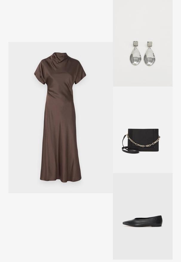 Malina ALIVIA MIDI - Cocktail φόρεμα / Φόρεμα για πάρτι - chocolate; Μαύρη δερμάτινη μπαλαρίνα, αιχμηρή μύτη, μινιμαλιστικός σχεδιασμός, λεία υφή, χαμηλή τακούνι, χωρίς ορατό υλικό ή διακοσμήσεις.; Μαύρη δερμάτινη τσάντα ώμου με λείο υφή, ορθογώνιο σχήμα και μεταλλική αλυσίδα μπροστά. Περιλαμβάνεται ρυθμιζόμενο λουρί.; Ασημένια κρεμαστά σκουλαρίκια με τετράγωνη βάση, που διαθέτουν λεία, γυαλισμένη επιφάνεια και σχήμα σταγόνας, αντανακλώντας το φως με μια γυαλιστερή επιφάνεια.