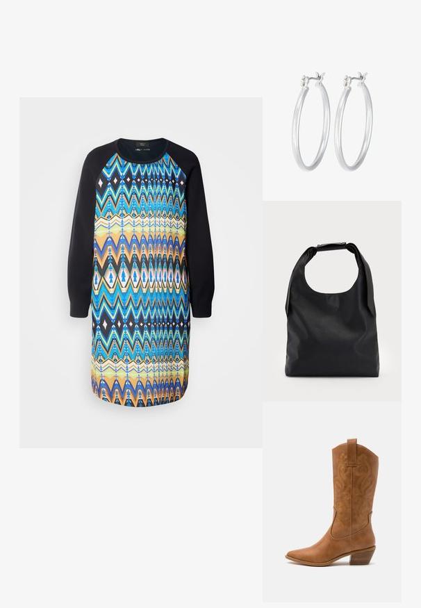 Grafische jurk met een kleurrijk zigzagpatroon in blauwe, zwarte en oranje tinten; lange zwarte mouwen; ontspannen pasvorm; zachte stof.; Tan leren cowboylaars met puntige neus, geborduurde spiraalpatronen op de schacht en een gestapelde blokhak. Voorzien van een trekband voor gemakkelijke aan- en uittrekken.; Zwarte leren hobo-tas met een enkele, zachte, afgeronde handgreep; heeft een gladde textuur en een minimalistisch ontwerp. Geen zichtbare hardware of accenten.; Zilveren oorbellen in de vorm van een gladde, gepolijste ring. Ronde vorm met een veilige kliksluiting. Lichtgewicht ontwerp, geschikt voor dagelijks gebruik.
