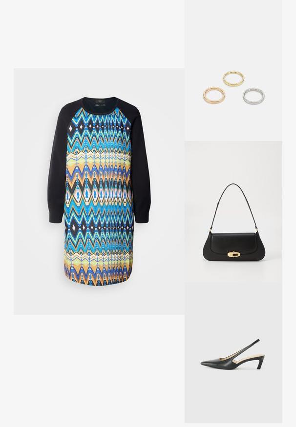 Robe graphique avec un motif coloré en zigzag aux tons bleu, noir et orange ; manches longues noires ; coupe décontractée ; tissu doux.; Slingback noir à bout pointu avec un petit talon, en cuir lisse et doté d'un design découpé sur le côté pour plus de respirabilité.; Sac à main en cuir noir avec un design incurvé, matériel doré et une poignée sur le dessus. Présente une fermeture élégante et une texture lisse.; Trois anneaux en métal : un en or rose, un en or avec des accents texturés, et un en argent, tous avec une gravure de marque à l'intérieur de la bande.