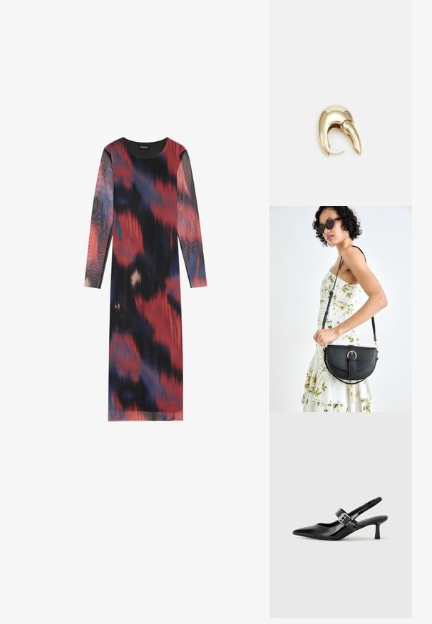 Langärmliges Kleid mit einem mehrfarbigen abstrakten Muster in Rot, Schwarz und Blau. Glattes Gewebe mit einem runden Ausschnitt und geradem Schnitt.; Schwarze Lackleder Slingback-Absätze mit spitzem Zeh und kleinem Blockabsatz, ausgestattet mit einem silbernen Schnallenakzent am Riemen.; Schwarze Lederhandtasche mit geschwungener Form, abnehmbarem Tragegurt und goldenen Beschlägen. Die Tasche verfügt über einen Deckel mit einer Schnallen-Details.; Ohrringe aus goldfarbenem Metall mit einem schlanken, geschwungenen Design. Sie verfügen über eine markante, spitze Form, eine polierte Oberfläche und einen Scharnierverschluss.