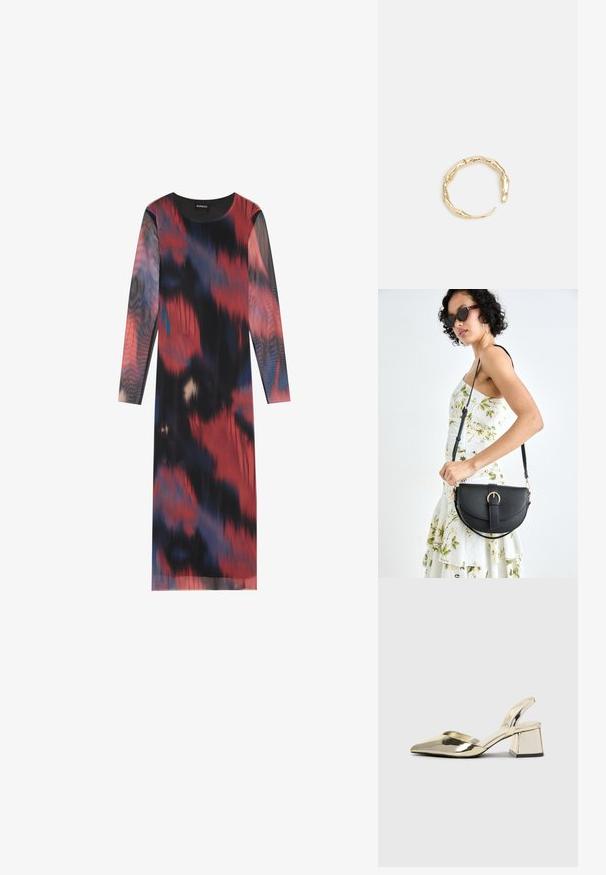 Langærmet kjole med et multifarvet abstrakt mønster i rød, sort og blå. Glat stof med rund halsudskæring og lige snit.; Guld, metalliske slingback-hæle med spids tå og kraftig hæl. Glat tekstur, minimalistisk design og en smal strop.; Sort læderhåndtaske med en buet form, aftagelig rem og guldfinish. Tasken har en klap med en spænde detalje.; Guld-tone ring med et organisk, snoet design, glat overflade og affasede ender, hvilket skaber et moderne, skulpturelt udseende.
