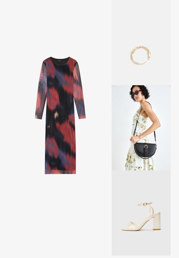Langärmliges Kleid mit einem mehrfarbigen abstrakten Muster in Rot, Schwarz und Blau. Glattes Gewebe mit einem runden Ausschnitt und geradem Schnitt.; Cremefarbene Sandalen mit Absatz, offener Spitze, dicker Blockabsatz, dünnem Knöchelriemen und subtil glänzender Oberfläche. Schnallenakzent am Riemen.; Schwarze Lederhandtasche mit geschwungener Form, abnehmbarem Tragegurt und goldenen Beschlägen. Die Tasche verfügt über einen Deckel mit einer Schnallen-Details.; Goldfarbener Ring mit einem organischen, gedrehten Design, glatter Oberfläche und sich verjüngenden Enden, was ein modernes, skulpturales Erscheinungsbild erzeugt.
