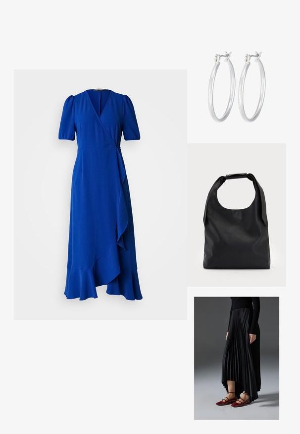 Sinine, mähkiv stiil, lühikeste puffvarrukatega, sügava V-kaelusega ja volangäärisega kleit. Valmistatud tekstureeritud kangast, mis sisaldab külgseotavate detailide. ; Mustmust seelik kõrgema ees- ja madalama taga servaga, kombineeritud läikivate punaste sussidega, millel on rihma kujundus. Kangas on sileda tekstuuriga.; Must коммерcный кott sa больше, с хорошоииr rAlpha-gaind да спинай ониигякца; и Storeup вocusedайфиқатяk санжинг ын ал trustだ রতাє 적에и; Hõbedased rõngaskõrvarõngad, millel on sile, läikiv viimistlus. Ümmargune kuju ja turvaline klõpsulatus. Kerge disain, sobib igapäevaseks kandmiseks.