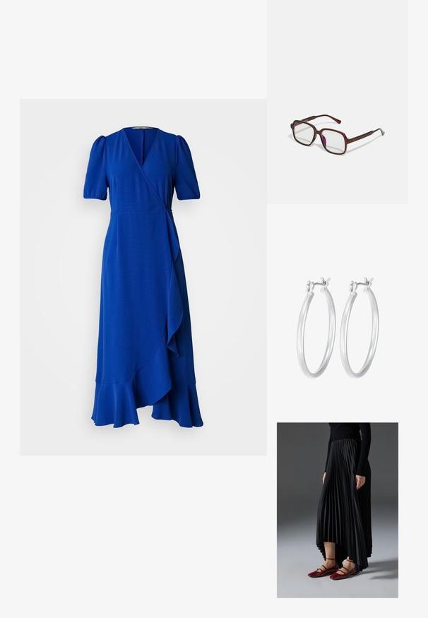 Sinine, mähkiv stiil, lühikeste puffvarrukatega, sügava V-kaelusega ja volangäärisega kleit. Valmistatud tekstureeritud kangast, mis sisaldab külgseotavate detailide. ; Mustmust seelik kõrgema ees- ja madalama taga servaga, kombineeritud läikivate punaste sussidega, millel on rihma kujundus. Kangas on sileda tekstuuriga.; Pruunid, ristkülikukujulised prilliraamid, millel on läbipaistvad läätsed ja lillakad tooni. Sile plastikraam otste kaared ja peente aksenditega.; Hõbedased rõngaskõrvarõngad, millel on sile, läikiv viimistlus. Ümmargune kuju ja turvaline klõpsulatus. Kerge disain, sobib igapäevaseks kandmiseks.