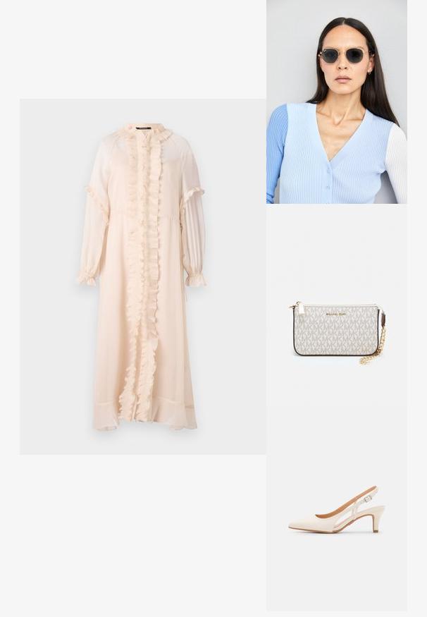 Garšīgs, gaiši rozā kleita, izgatavota no viegla auduma. Tajā ir viļņots priekšpuse, augsts kakla izgriezums un garas piedurknes ar sapludinātiem aproču galiem.; Baltas siksniņveida papēdis ar smailu purngalu, gludu augšējo materiālu, zemu blokpapēdi un sānu izgriezumu dizainu ar regulējamu sprādzi.; Apaļas saulesbrilles ar tumšiem objektīviem un zeltītām rāmēm. Modelis valkā gaiši zilu, ribotu kardigānu ar pogām un kontrastējošām baltām piedurknēm.; Michaela Korsa rokassomi bez̦ā īšojuma, kas izgatavota no apklāta kanvas, iekļaujot atkārtotu MK logotipa rakstu, zelta aparatūru un noņemamu ķēdes siksnu.