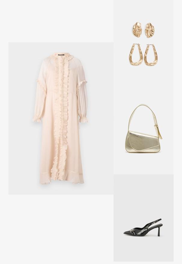 Garšīgs, gaiši rozā kleita, izgatavota no viegla auduma. Tajā ir viļņots priekšpuse, augsts kakla izgriezums un garas piedurknes ar sapludinātiem aproču galiem.; Melnā patentēta ādas sandale ar norādītu purngalu, potītes siksniņām ar sudraba sprādzēm un aparatūru, kā arī smalku papēdi.; Zelta metāla somiņa ar strukturētu dizainu, gludu tekstūru un regulējamu siksniņu. Iezīmējas ar unikālu trīsstūrveida formu un minimālistisku šuvumu.; Zelta krāsas auskari ar teksturētām, viļņotām formām. Iekļauts skulpturāls piespraužams modelis un atvērta gredzenveida konstrukcija ar izsistām virsmām.