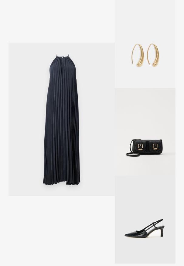 Pikk, volditud kleit tumesinises kangas. Kaela külge kinnitatud disain õhukeste rihmadega. Sile tekstuur, voolav siluett ja pahkluuni ulatuv lõhik.; Mustmust paelad, millel on terav varvas, tekstuuriga maduprindiga, reguleeritav rihm ja lühike tekstuuriga plokknina.; Must küllastamata nahast õlakott, millel on kaks esist nähtavat taskut, kuldsed pandlad, tõmblukuga sulgemine ja peen rihm. Tekstuuriga pind ja kompaktne ristkülikukujuline kuju.; Kuldtoonilised metallist rõngas kõrvarõngad, millel on kõver ja piklik kuju. Omavad siledat, läikivat pinda ja ümarat tipptugevdust, mis lisab detaili.