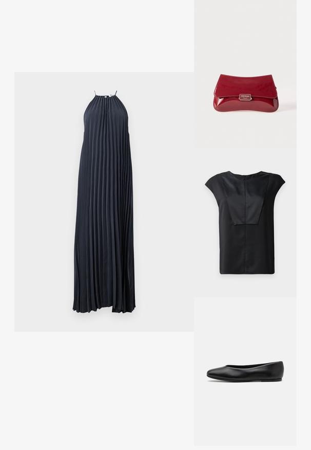 Robe longue plissée en tissu bleu marine foncé. Design à encolure halter avec des bretelles fines. Texture lisse, silhouette fluide, avec un ourlet jusqu'à la cheville.; Haut noir à manches courtes en tissu lisse, doté d'un décolleté large, d'un design rectangulaire sur le devant et d'une fermeture éclair discrète au dos.; Paul Smith TOPANGA - Ballerines - black; Sac à main en cuir verni rouge avec un design incurvé, rabat pliable et un accent logo en métal sur une plaque en argent. Texture lisse et brillante.